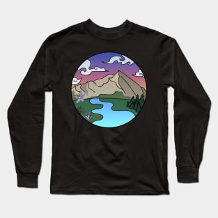 Mount Gunnison, Colorado sunset and river valley with state flower columbine and sugarbowl wildflowers Long Sleeve T-Shirt